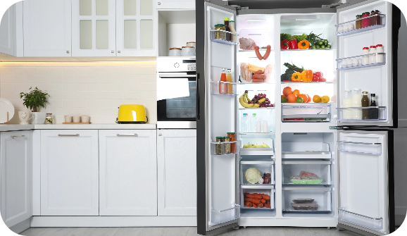 A refrigerator with its doors open showing food.
