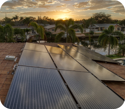 Sunset view from a roof with solar panels
