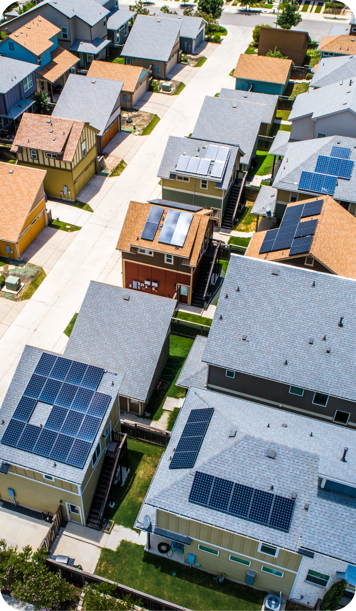 Neighborhood overhead view with solar panels
