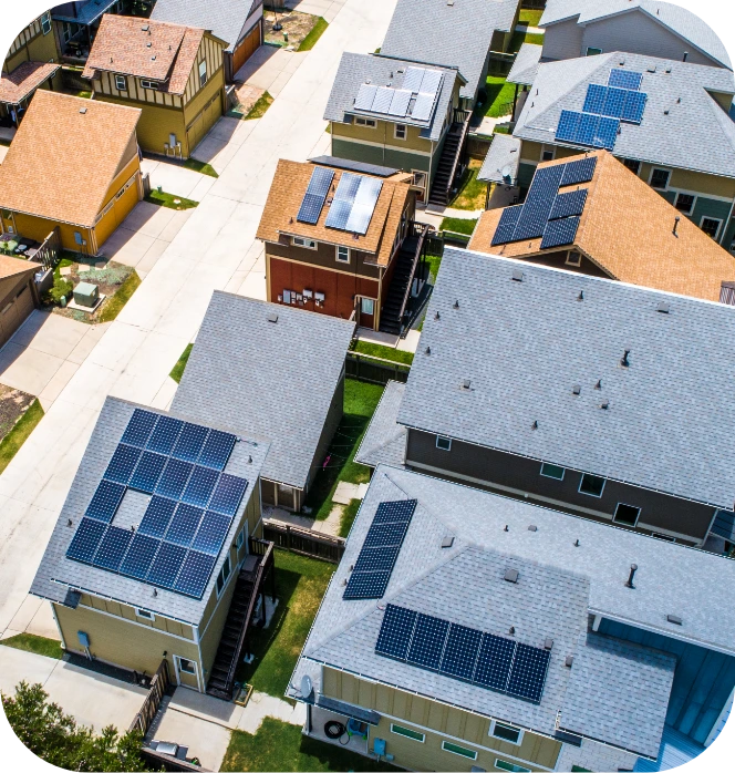 Neighborhood overhead view with solar panels