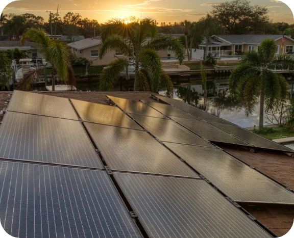 Solar panels with view on palm trees and sunset