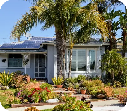 Single story home with palms and solar panels 